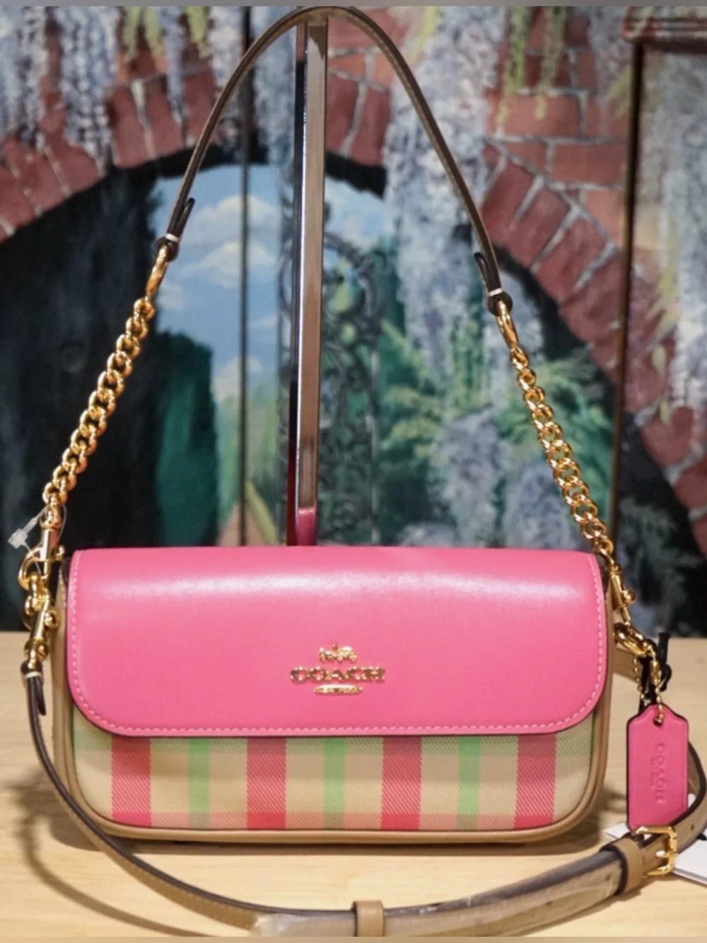 Coach Hailey Flap Crossbody Bag Plaid Print Pink Pastels Purse Gold Chain NWOT